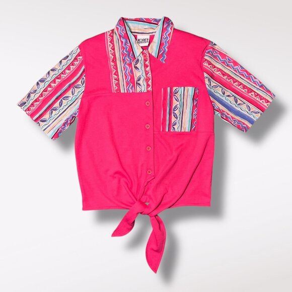 Vintage Koret Petite 90s Pink Tie Front Shirt Short Sleeve Small - Picture 8 of 8